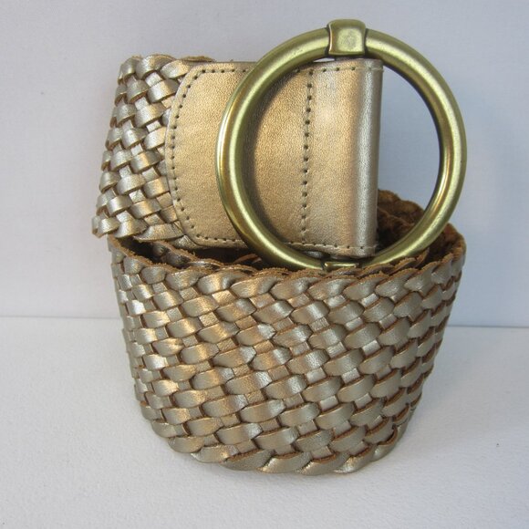 NEW Ann Taylor Women S Metallic Gold Woven Leather Wide Belt Ring Buckle